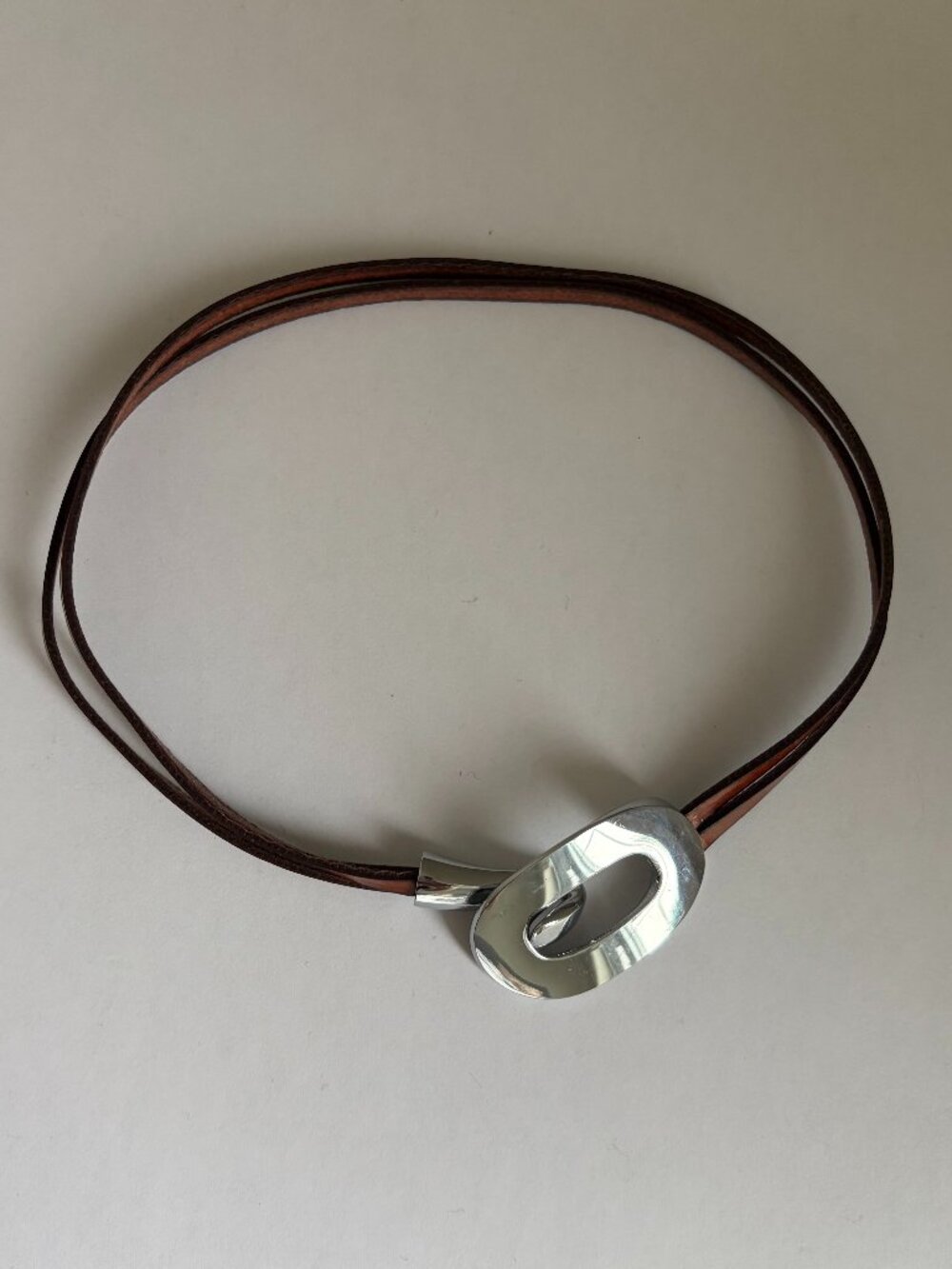 Brown leather choker style short necklace double strand silver clasp